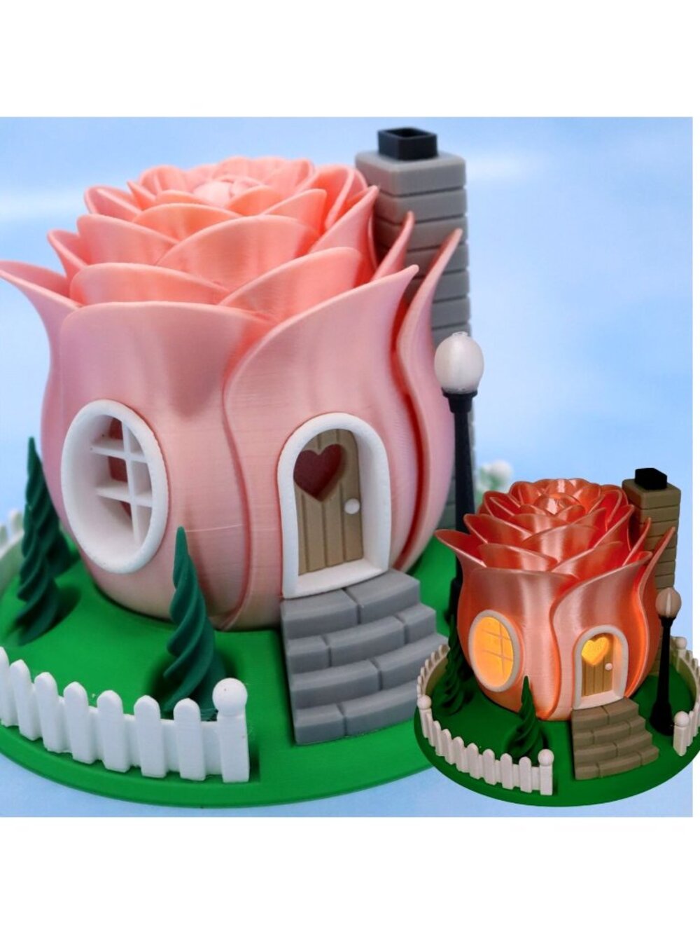PInk Rose Fairy House Night Light Battery Tea Light Holder